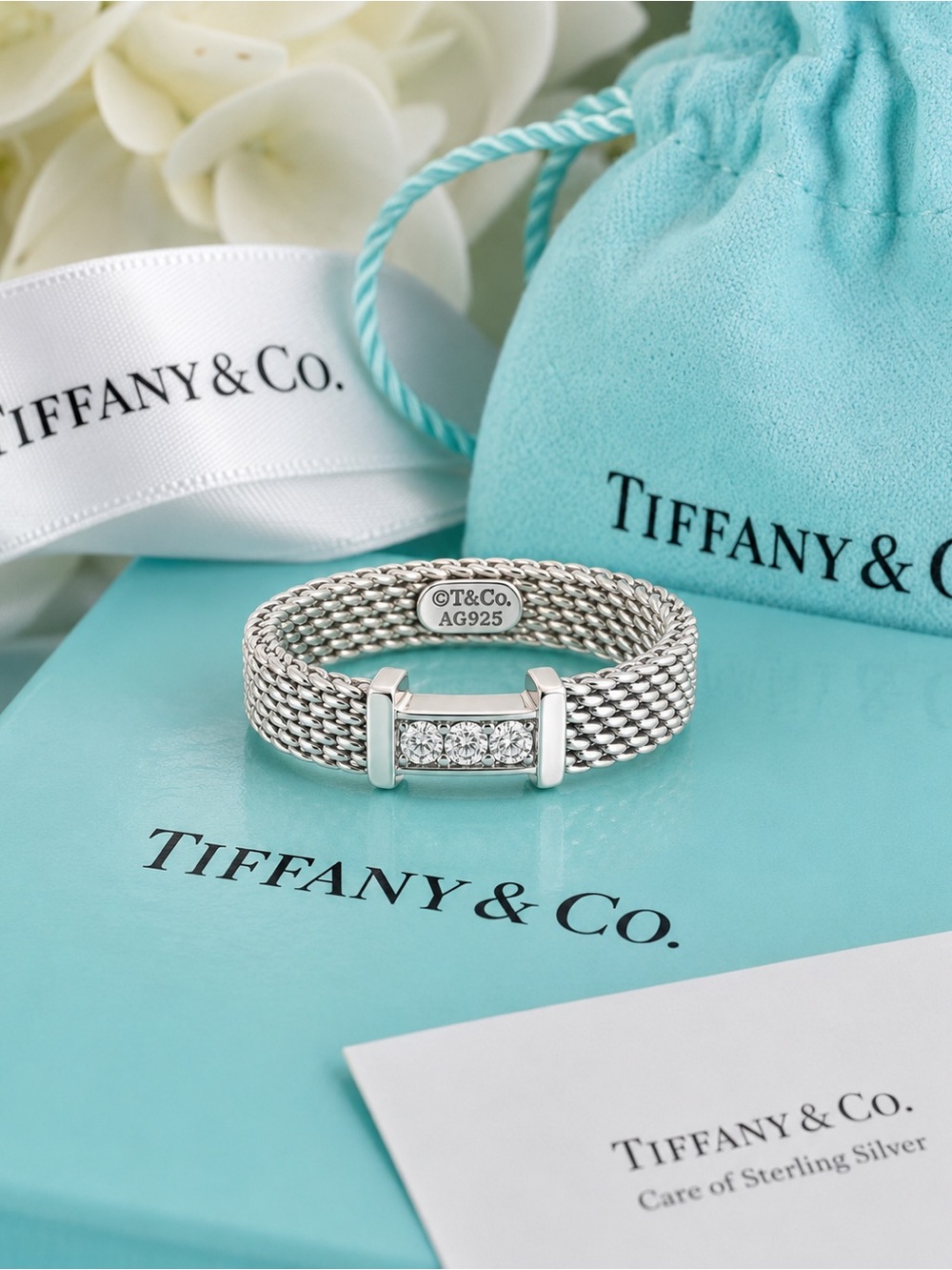 Tiffany & Co. Somerset Mesh 3 Diamond Ring Sterling Silver Rare Retired Size 5